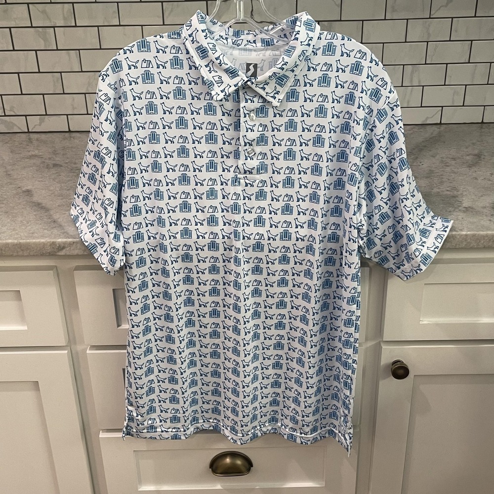 Eversole Run Polo Shirt Mens Small Blue Dog Print Golf Performance Stretch